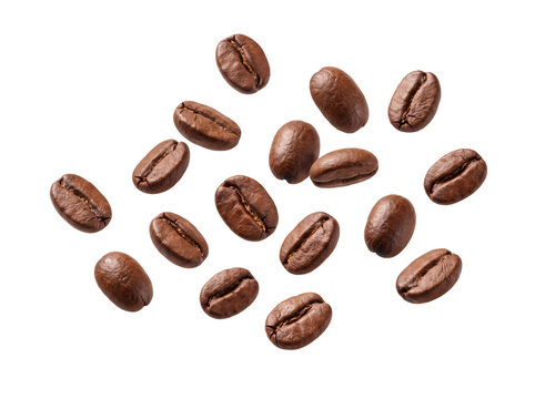 Floating Coffee Beans Isolated on White Background with Dynamic Motion／白背景に浮遊する躍動感のあるコーヒー豆の写真素材