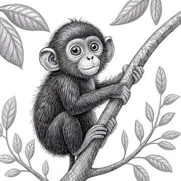 Cute baby monkey hanging from a tree branch in nature