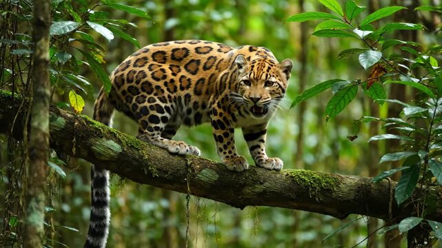 Close-up of a leopard on a branch, a leopard strolling through the forest