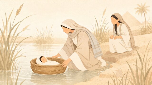 Nominandus_Exodus_Baby Moses is placed in a basket on the Nile