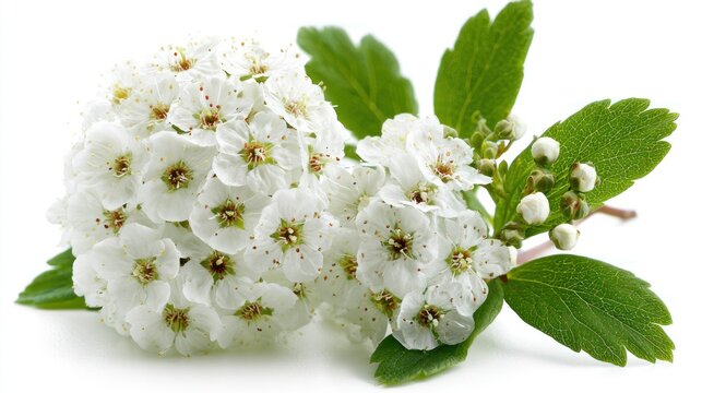 Delicate white spirea flowers and buds on transparent background