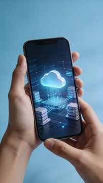 Hands holding smartphone with cloud computing app
