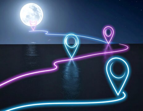 Glowing map markers and neon paths under a full moon in a night landscape. Perfect for GPS navigation and travel destination concepts.