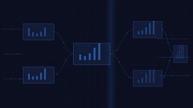 Abstract data flow visualization representing a complex analytical process with interconnected charts and graphs on a dark blue background