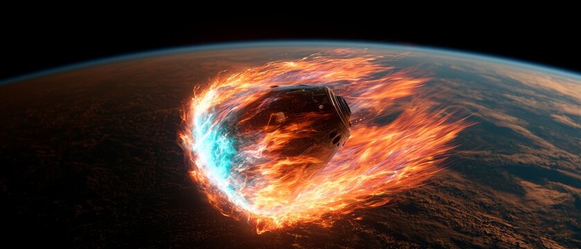 Spacecraft Capsule Reentering Earth Atmosphere With Intense Plasma Flames and Fiery Heat During Orbital Return