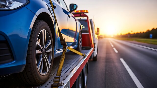 Car being transported on a tow truck along a highway during sunset