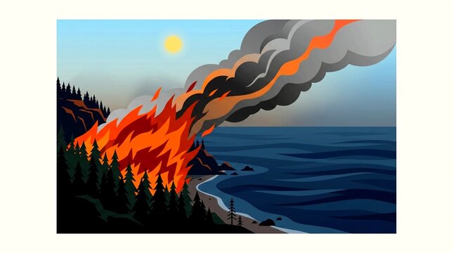 A coastal forest fire sends massive plumes of smoke out over the sea while flames consume the cliffs.