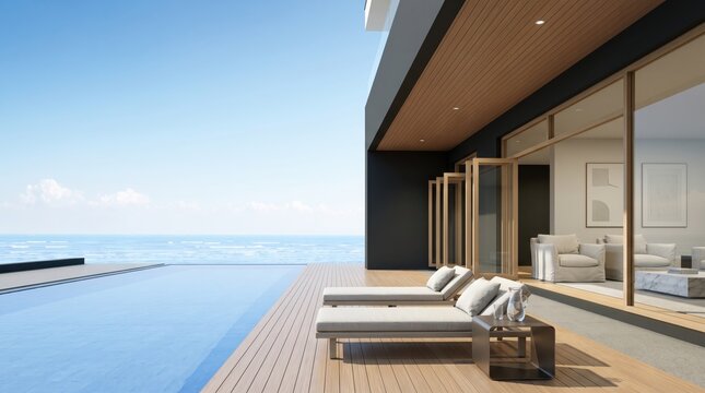 Luxury modern villa exterior with infinity pool overlooking vast blue ocean horizon, wooden deck terrace with sun loungers, minimalist architecture design, tropical resort