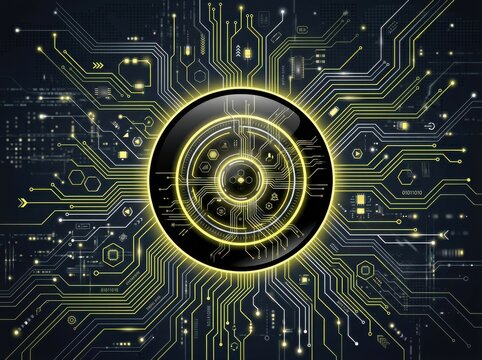 Abstract digital circuit board background with glowing yellow light circle