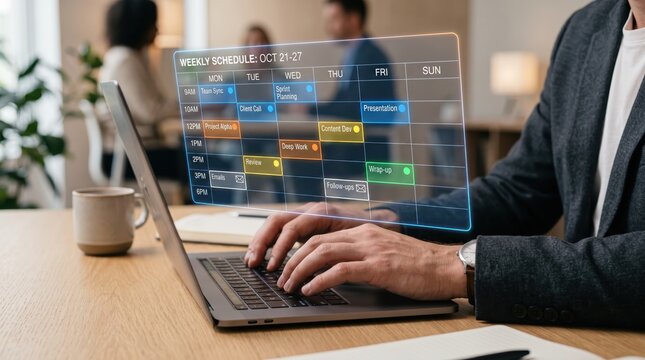 Futuristic image showing male professional typing on laptop keyboard with glowing holographic weekly schedule interface floating above, displaying appointments like sprint