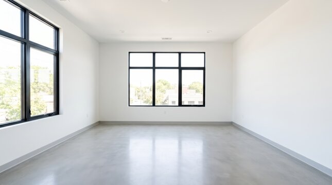 Empty room with white walls and polished concrete floor, featuring large black framed windows letting in natural light, ideal for real estate and interior design.