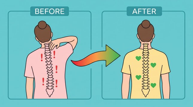 Vector illustration comparing spine health before and after treatment, showing back pain relief and posture correction, healthy vertebral column with red pain indicators