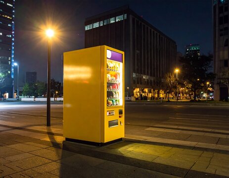 Bright yellow vending machine offering snacks and drinks on a city sidewalk at night. Ideal for urban lifestyle and retail concepts.