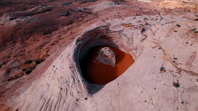 Drone extra wide to close view of the Cosmic Ashtray in Grand Staircase Escalante National Monument, Utah.