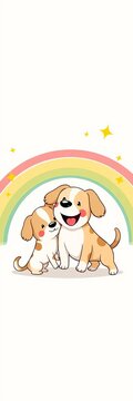 Whimsical illustration of three cartoon dogs playing with a rainbow and stars on a light cream colored background, stars, lively