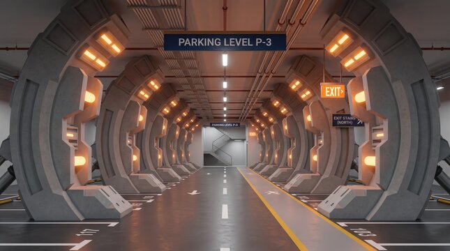 Futuristic underground parking garage level P-3 with sci-fi architecture, concrete arches, orange ambient lighting, and clear signage for exit and stairs, representing modern