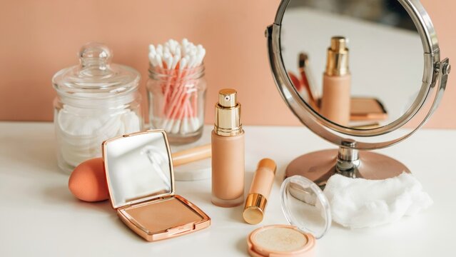 Cosmetic products and makeup tools arranged on a vanity table with a mirror. Ideal for beauty tutorials or skincare retail marketing concepts.