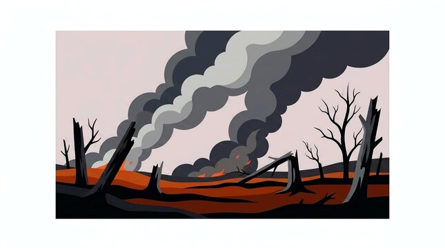 A somber view of the blackened earth and lingering smoke in the aftermath of a severe wildfire.
