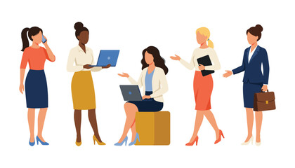Obraz premium Business Women Character Set with Flat Vector Illustrations of Professional Corporate Female Employees working on Laptops, Talking on Phone, and Holding Briefcase