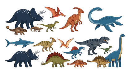 Comprehensive Dinosaur Vector Element Collection Featuring Various Species Like Tyrannosaurus Rex Triceratops Stegosaurus and Plesiosaur for Kids Educational Prints and Stickers © yesmin
