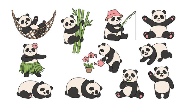 Cute Baby Panda Bear Vector Character Bundle Doing Different Activities Including Climbing Bamboo Fishing Sleeping in Hammock and Watering Flowers for Children Illustrations