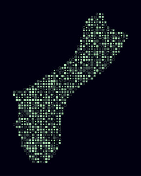 Guam, shape of the country build of colored cells. Digital style map of the Guam on dark background. Small size rounded square blocks. Amazing vector illustration.