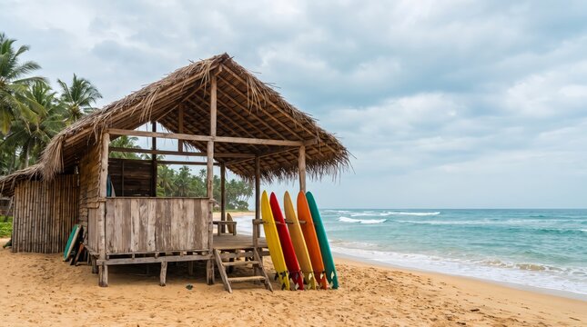 A rustic wooden beach hut with colorful surfboards standing on the sandy tropical ocean shore with beside several colorful thatched roof sits