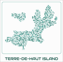 Obraz premium Terre-de-Haut Island digital style map. Small roundedSquare dots on white background. Dotted shape of the island. Vector map and title. Vibrant vector illustration.