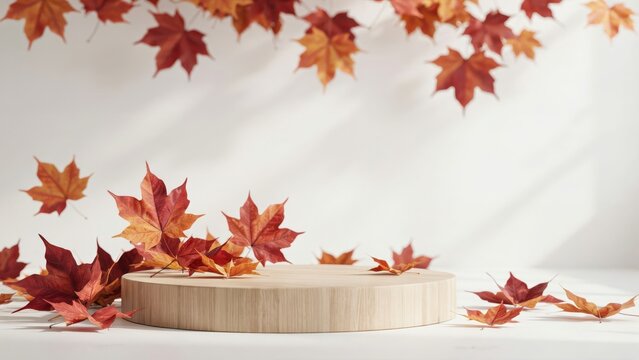 A circular wooden podium surrounded by vibrant autumn maple leaves on a white background. Use this for product display and seasonal fall marketing campaigns.
