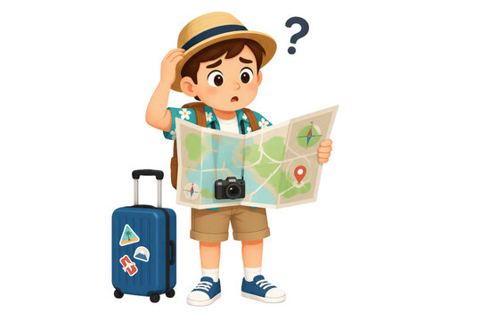 Confused young traveler holding a map looking for directions on a summer holiday adventure