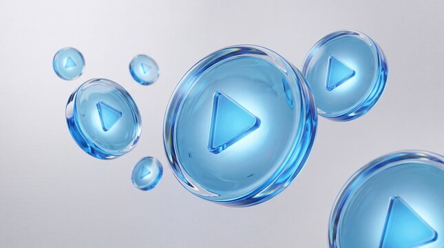 Blue glass play buttons floating on a light background