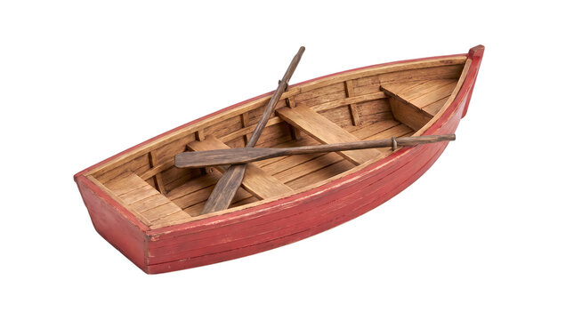 Vintage wooden rowboat with oars, rustic red timber dinghy, classic nautical rowing boat for lake fishing and coastal decor isolated PNG with Transparent Background