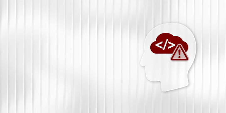 A white human head silhouette on a structured background features a red cloud with code symbols and a warning triangle for software development issues and bugs.
