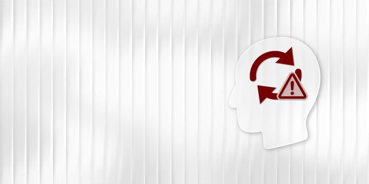 Conceptual illustration featuring a human head silhouette with a red recycling rotation symbol and an exclamation warning sign inside, symbolizing mental loops, rumination, or psychological distress.