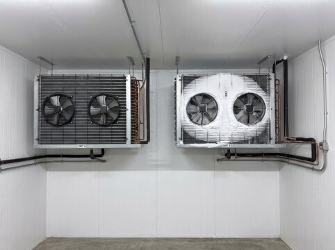 Industrial walk in freezer evaporator units with dual fans mounted on white wall