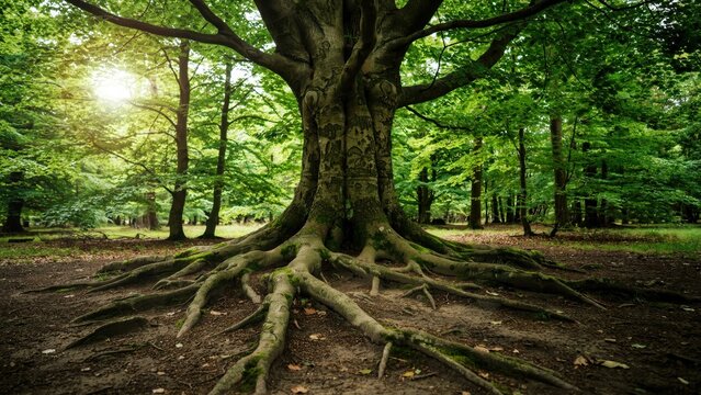 Ancient tree with large exposed roots in a lush sunlit forest. Symbol of growth, stability, and deep connection to nature.