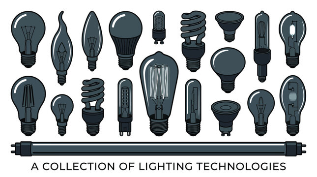 Diverse set of dark blue vector light bulb icons showcasing various modern energy efficient lighting technologies