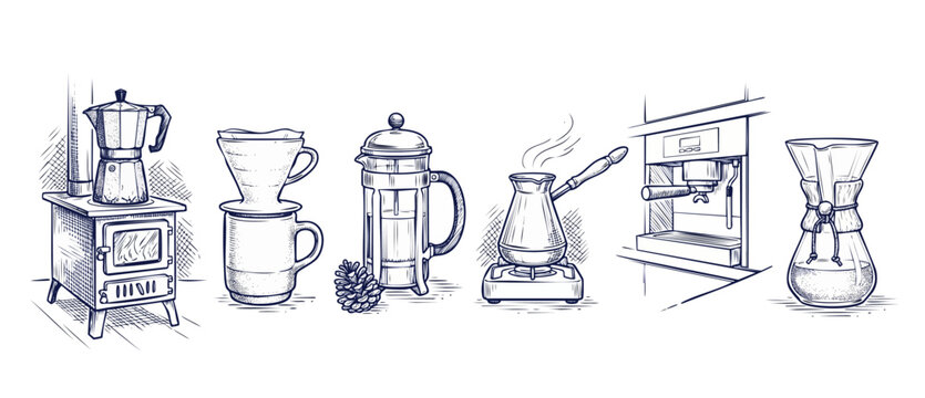 Coffee maker illustration set vector featuring moka pot, french press, pour over, turkish cezve, espresso machine, and chemex brewing methods drawn in vintage hand sketch style for cafe menu design.
