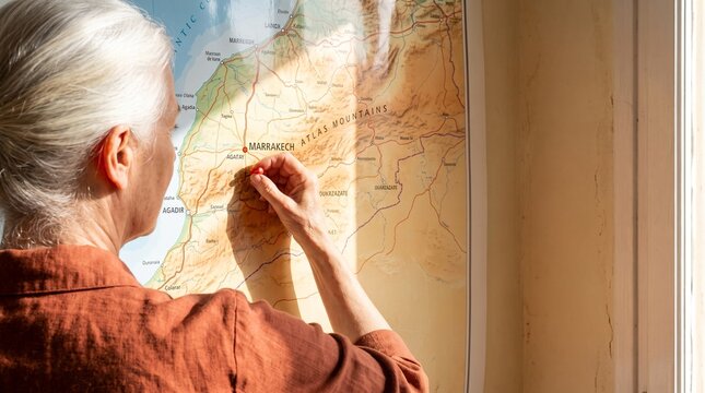 Senior woman placing red pushpin on Morocco map planning next travel destination.