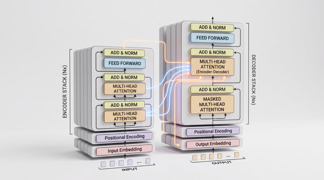 Transformer stack: tokenization with BPE vocabulary, positional encoding; self‑attention, MLP, KV cache, context window for LLM.