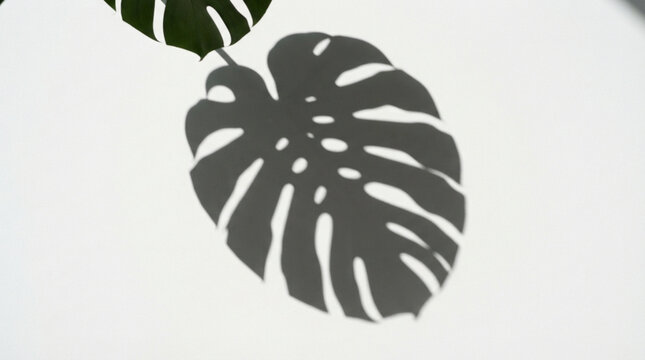 Tropical monstera leaf shadow projected onto a white wall surface with real green leaf visible at the top, minimal aesthetic design.