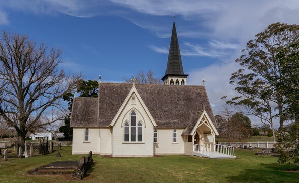 Holy Trinity Anglican Church with a tall steeple in Pakaraka New Zealand