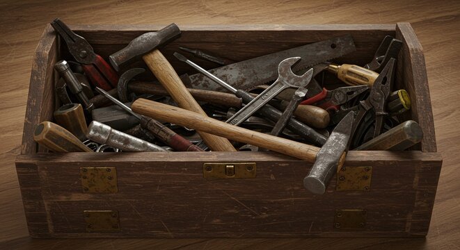 An open toolbox filled with a complete and organized set of various professional hand tools.Concept of tool organization and professional preparedness.
