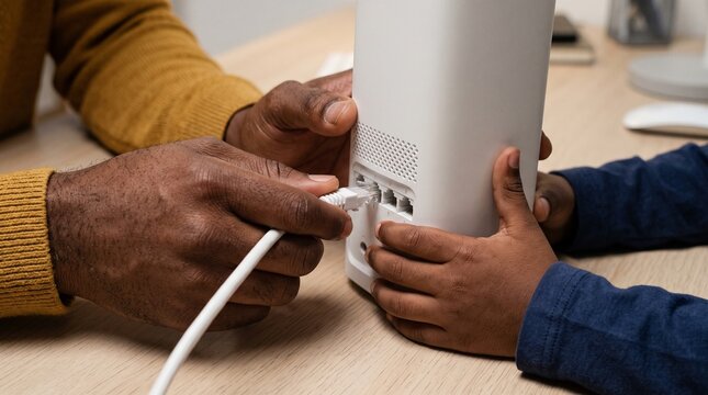 Black father and son connecting ethernet cable to internet router at home.