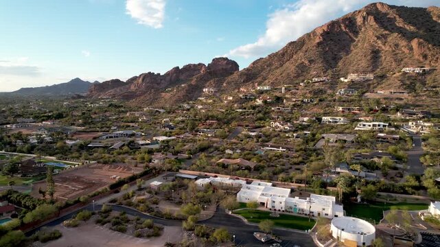 Aerial view of luxury residential neighborhood at base of Camelback Mountain in Scottsdale Arizona.
