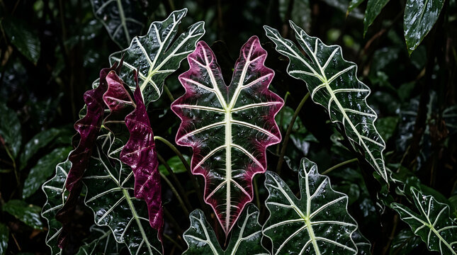 Close up of vibrant dark purple and green alocasia amazonica leaves with prominent white veins in a garden