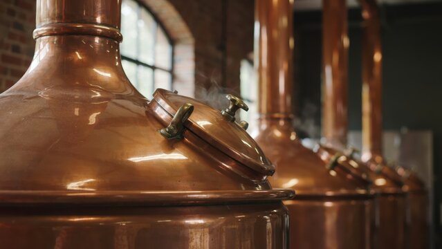 Copper distilling tanks in a brewery with rising steam. Use for craft beer production or industrial alcohol manufacturing concepts.