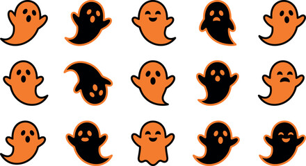 Naklejka premium Set of cute cartoon ghosts in orange and black colors for halloween