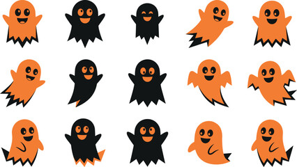 Fototapeta premium Set of cute cartoon ghosts in orange and black colors, halloween vector illustration collection of funny spirits with different poses