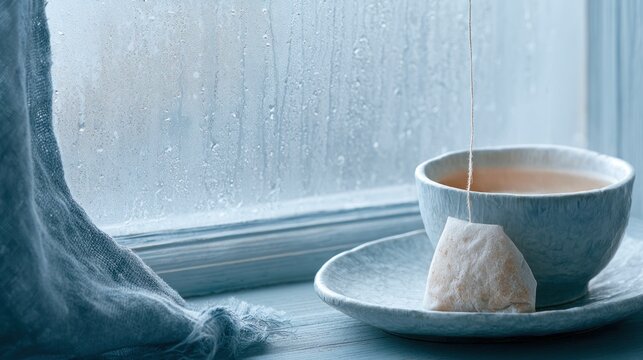 Steaming tea cup by a foggy window with blue drapes cozy winter morning atmosphere